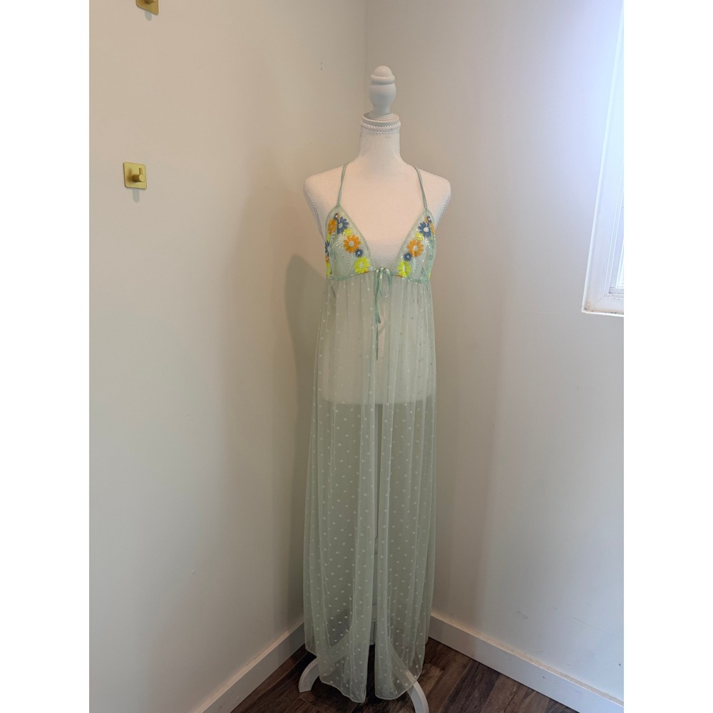 Savage X Fenty Sage Green Floral Embroidered Mesh Swiss Dot Maxi Slip Gown Large